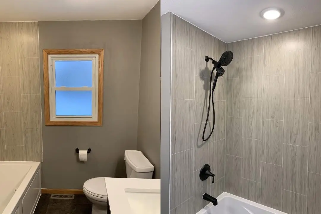 Modern bathroom remodel with shower and tub by Bergeron Builders